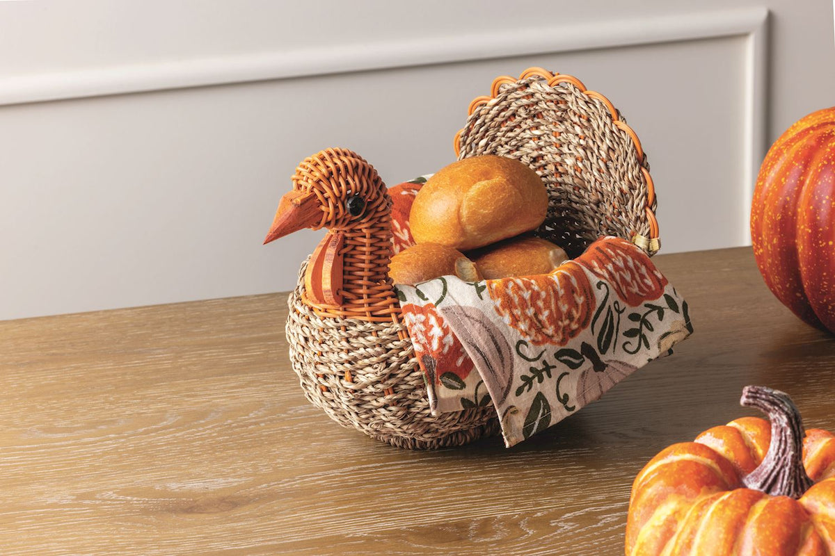 Woven Turkey Bread Basket w/Towel