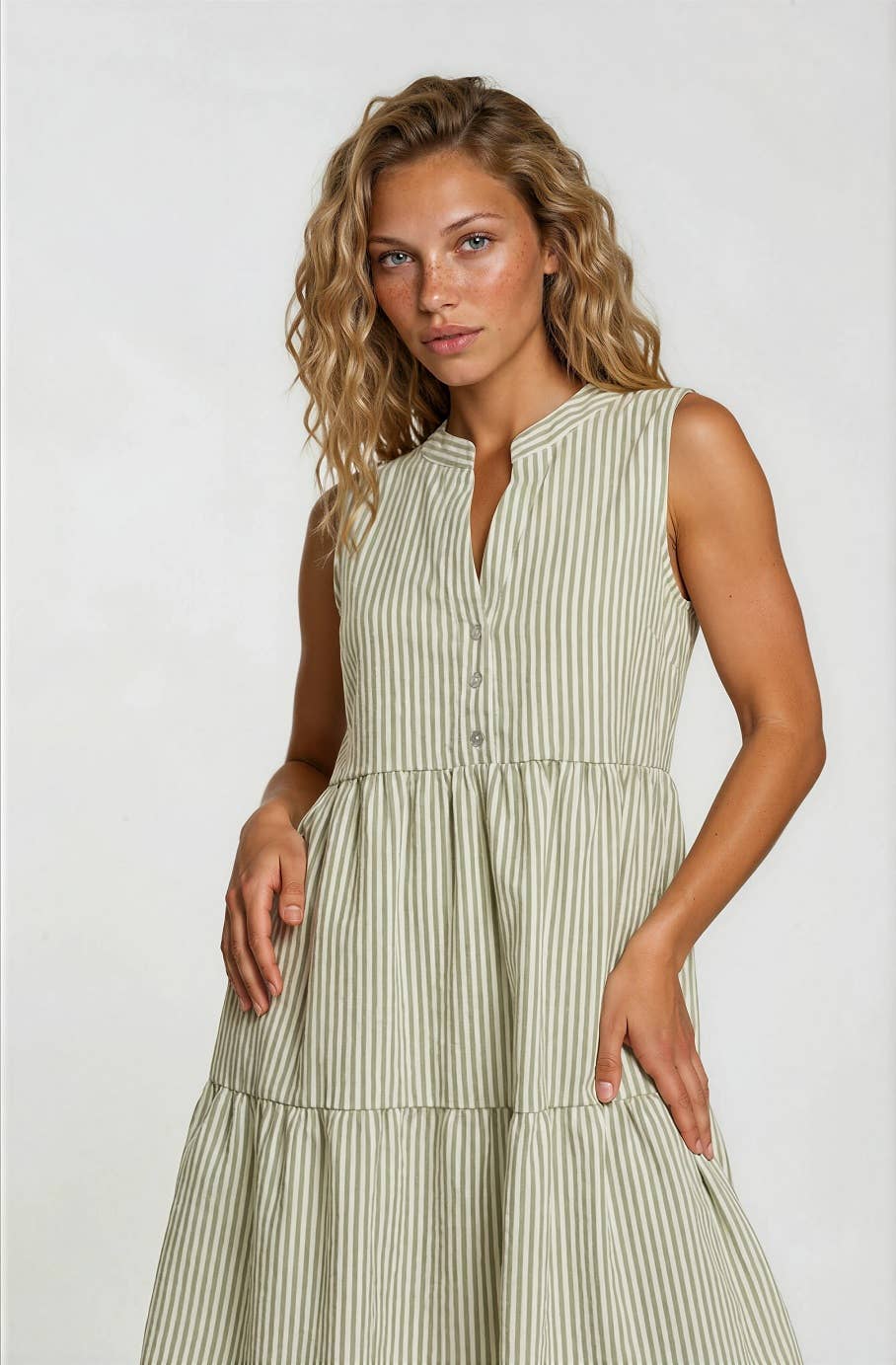 Sage & White Stripe Sleeveless Dress