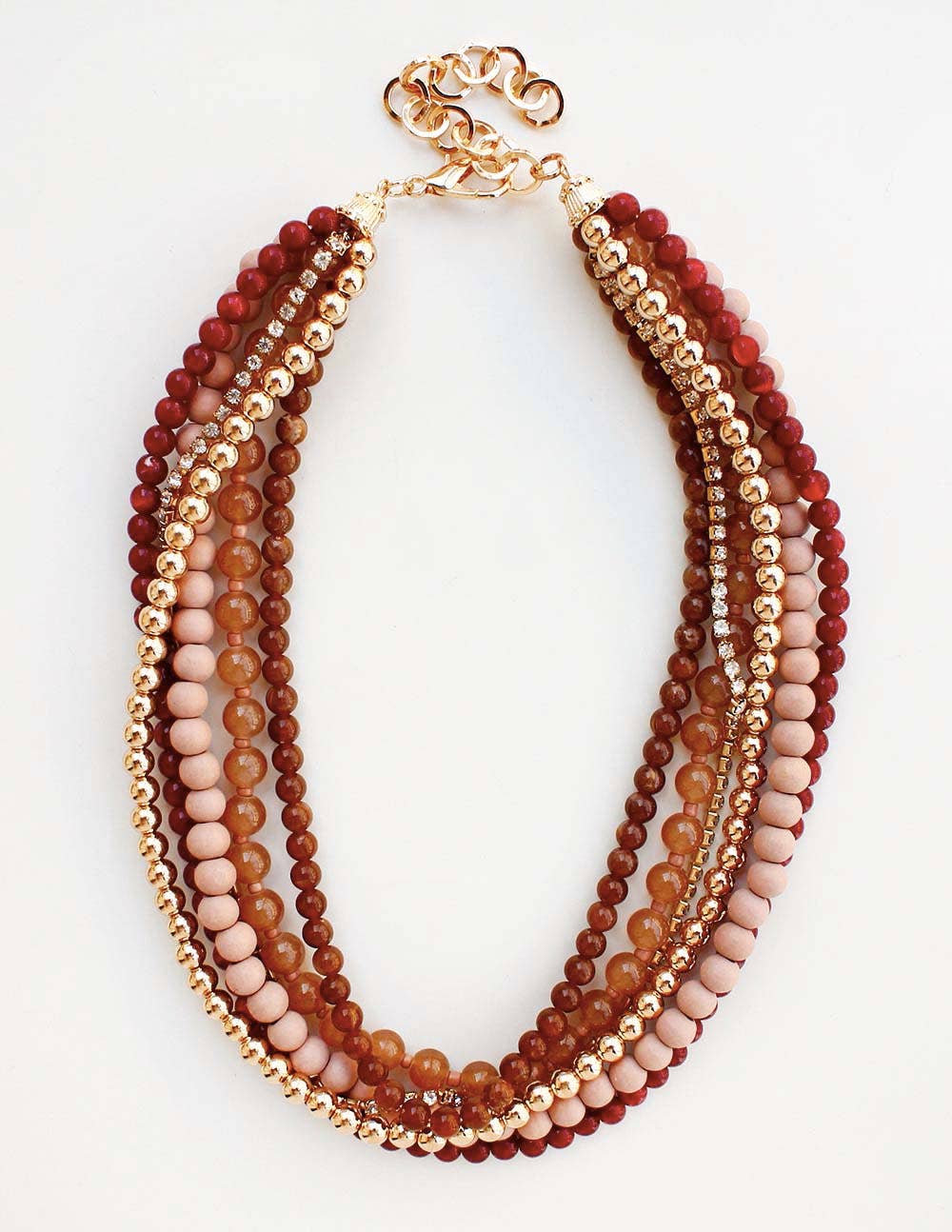 Multi Layered Brown Wood and Gold Beaded Necklace