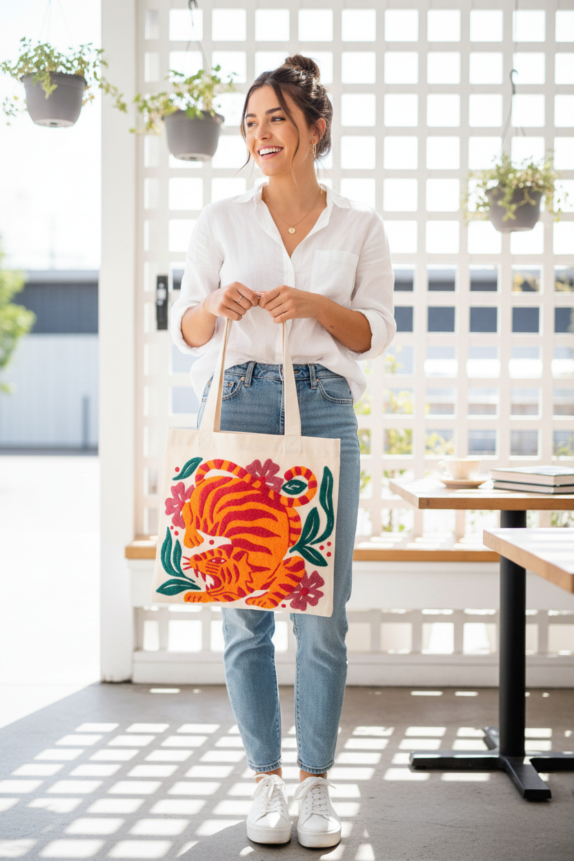 Embroidered Canvas Tote Tiger
