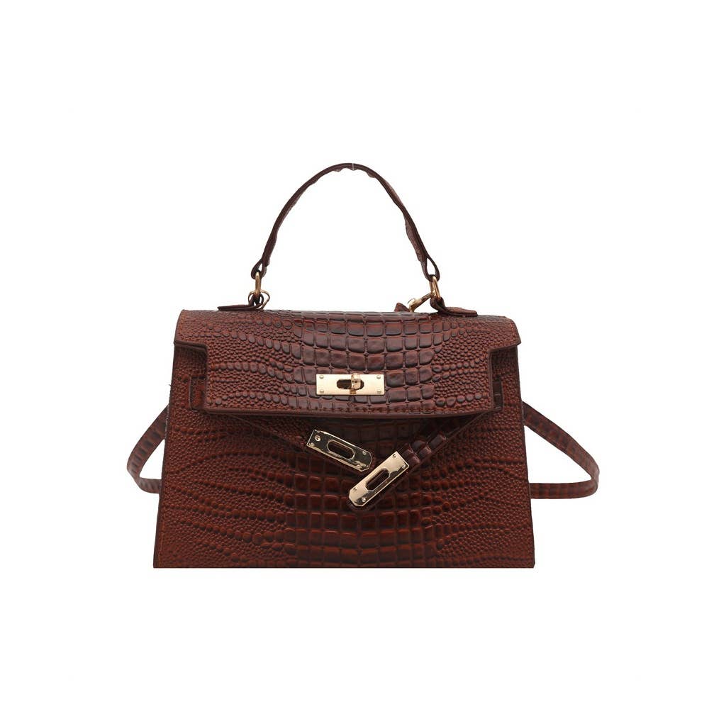 Croc Embossed Turn Lock Top Handle Satchel