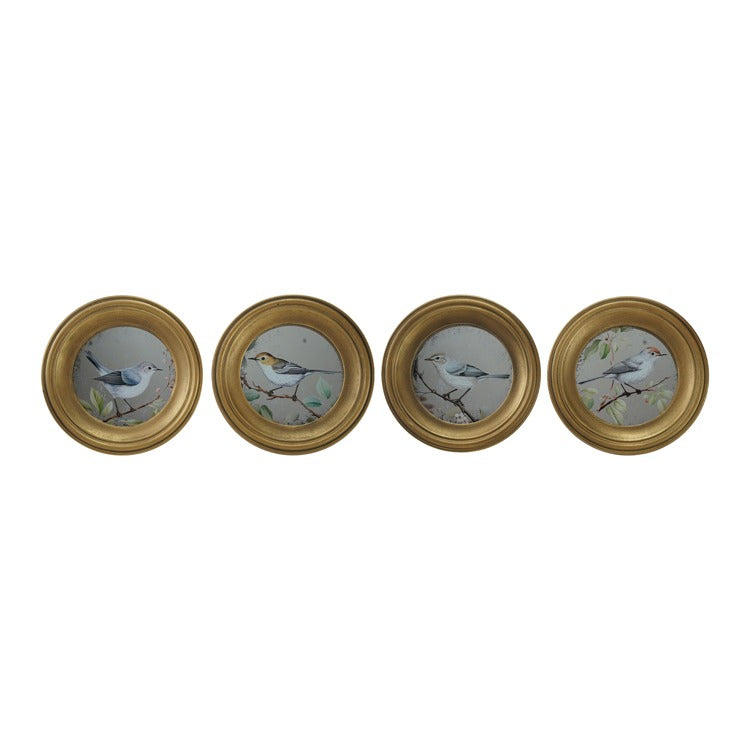 Antiqued Round Mirrored Bird Print