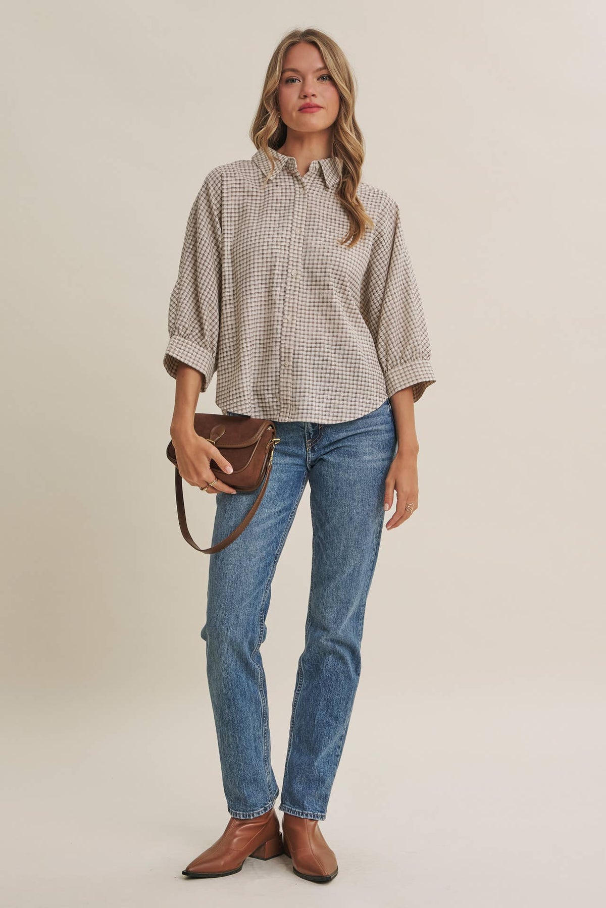 Plaid Dolman Button-Down Shirt