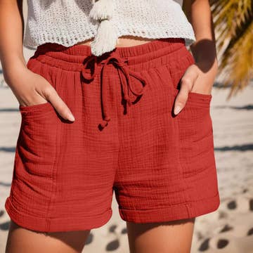 Red Drawstring Wide Leg Short