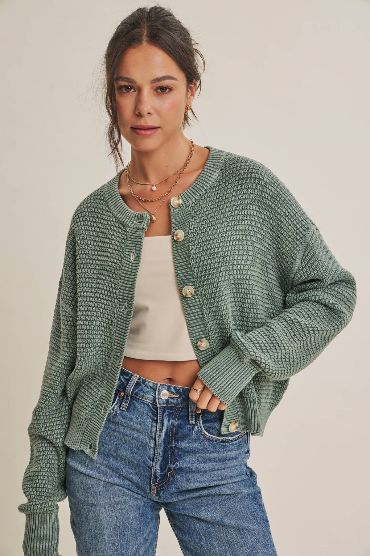 Dusty Green Waffle Knit Cardigan