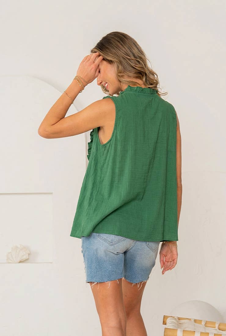 Green Ruffle Trim Sleeveless Top