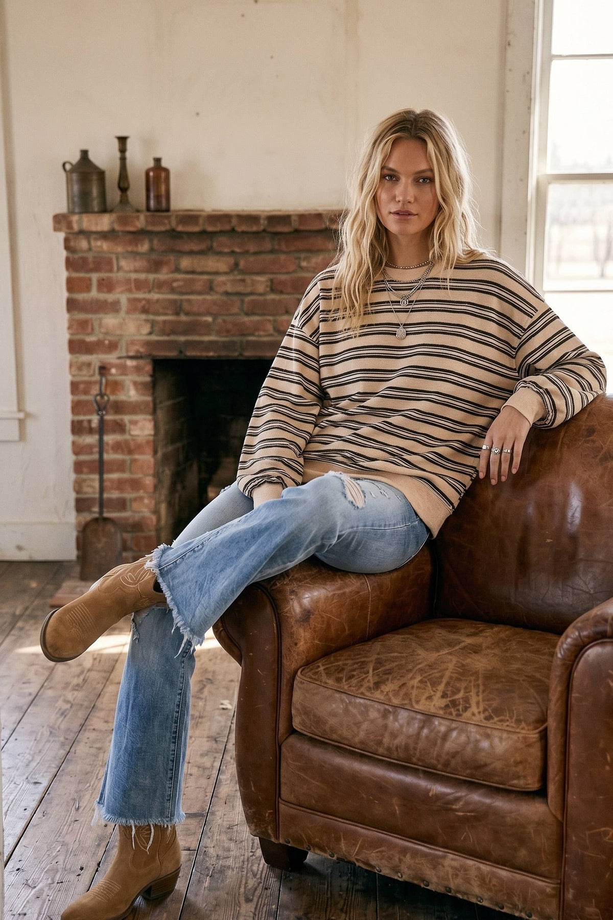 Oversized Beige Striped Sweatshirt