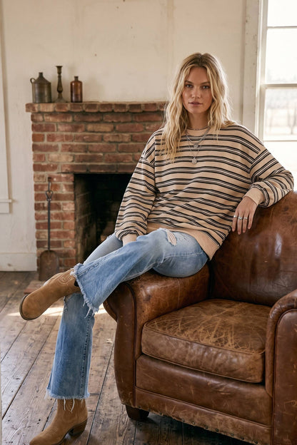 Oversized Beige Striped Sweatshirt