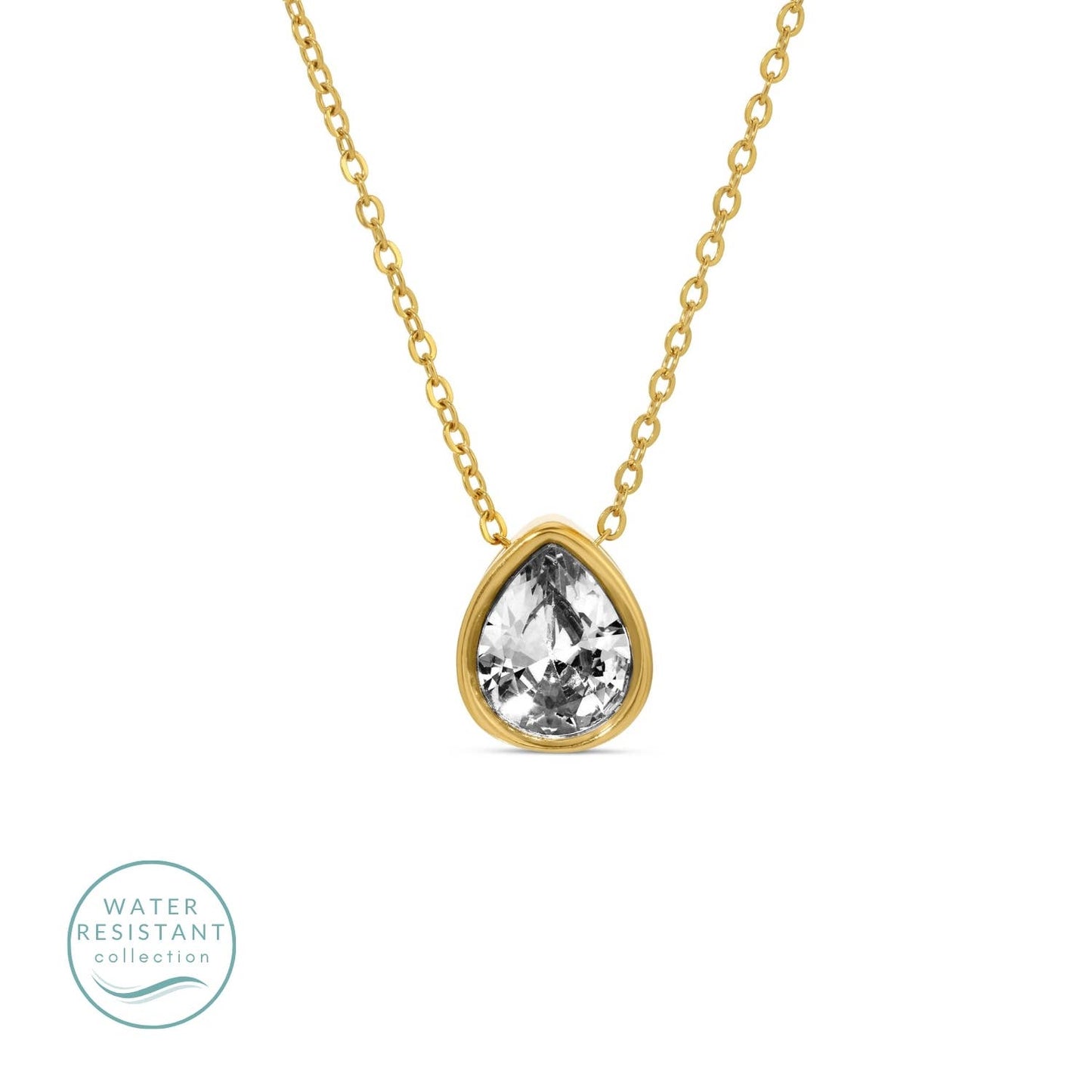 Large CZ Teardrop Pendant Necklace, Water Resistant