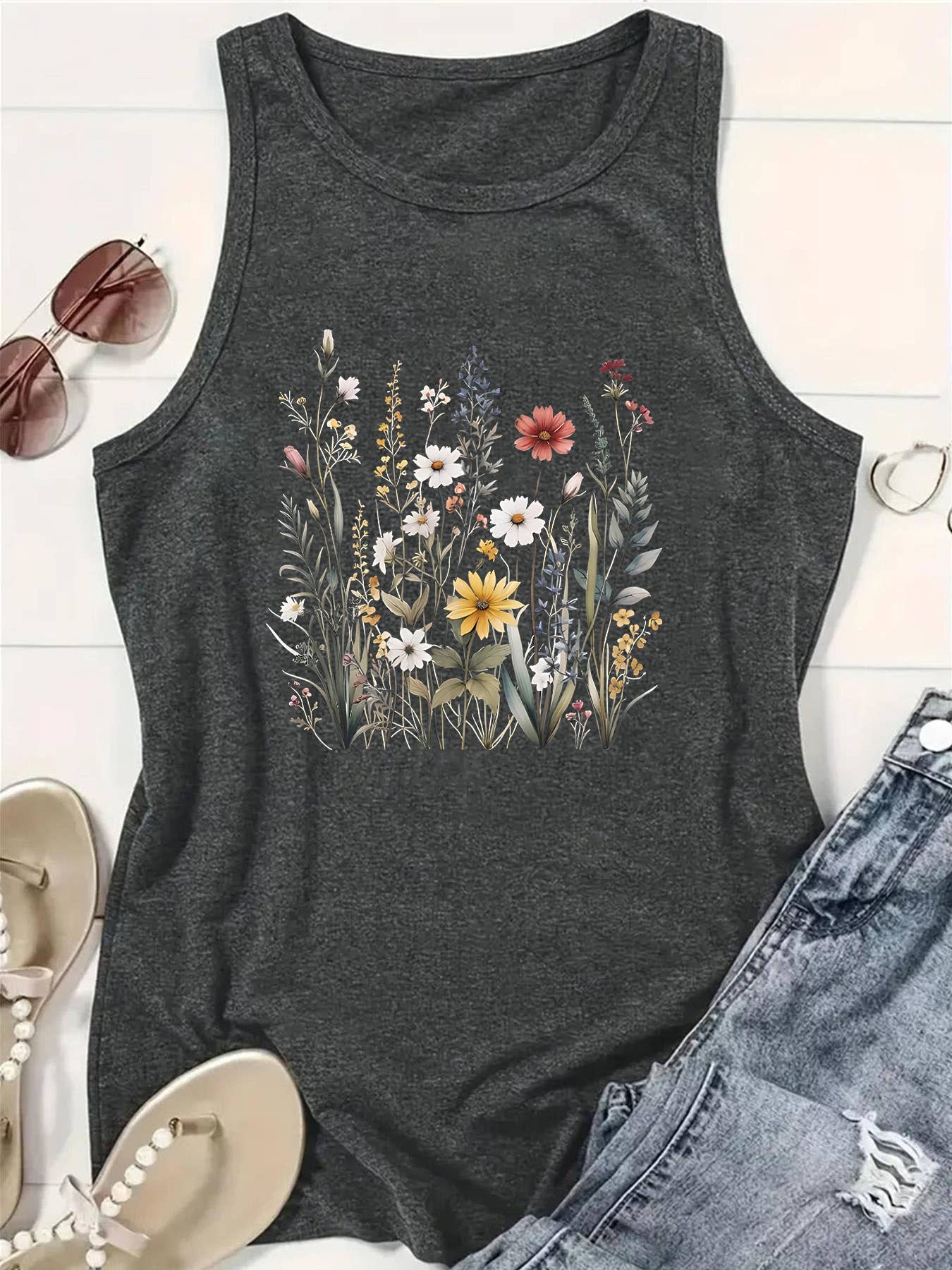 Retro Floral Print Loose Tank Top