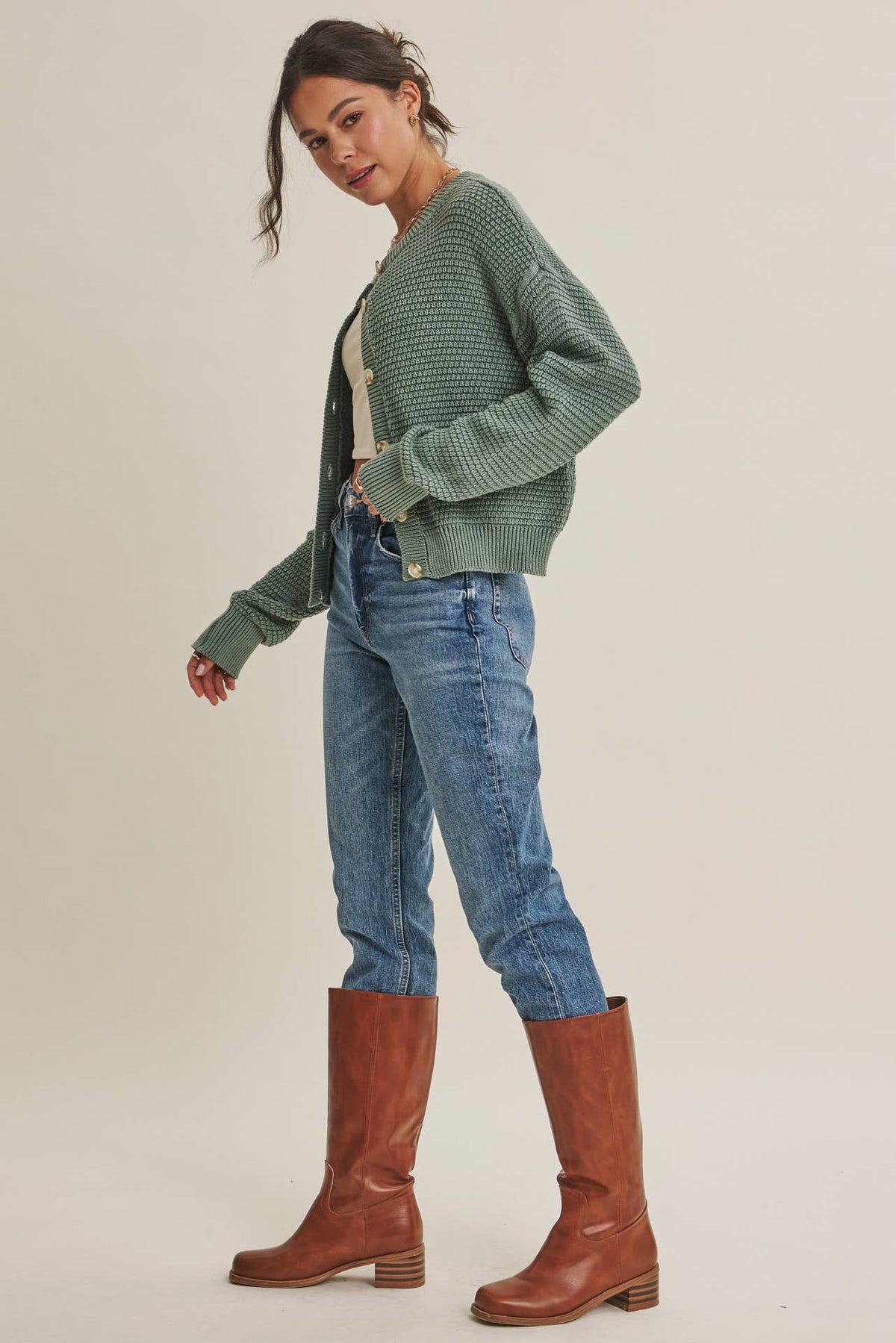 Dusty Green Waffle Knit Cardigan