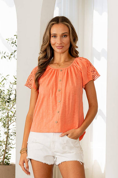 Coral Crochet Sleeve Button Front Top