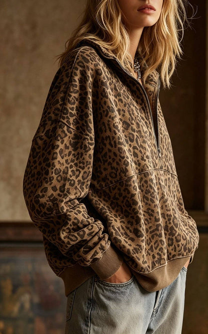 Leopard Print Half Zip Pullover Sweatshirt