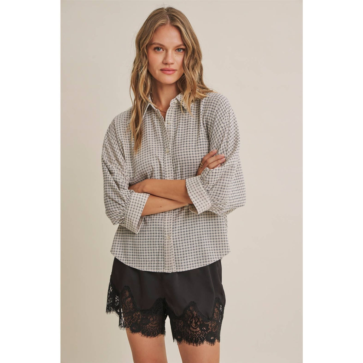 Plaid Dolman Button-Down Shirt