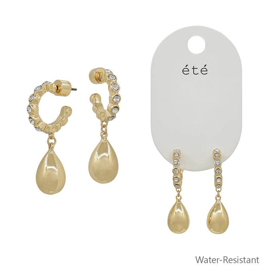 Gold Rhinestone Hoop with Gold Teardrop 1" Earring