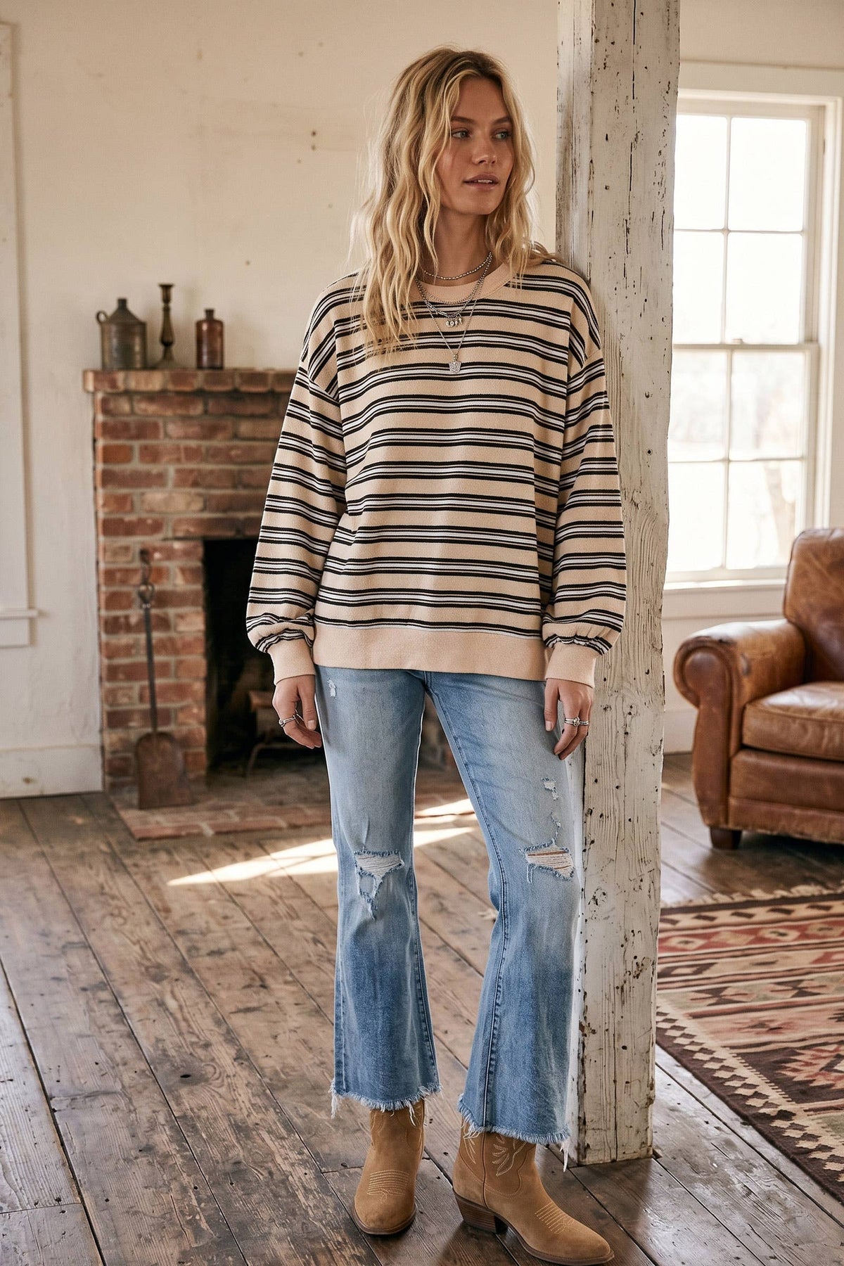 Oversized Beige Striped Sweatshirt