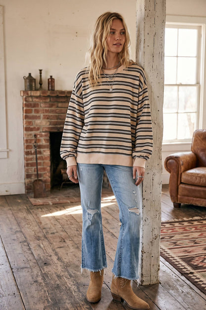 Oversized Beige Striped Sweatshirt