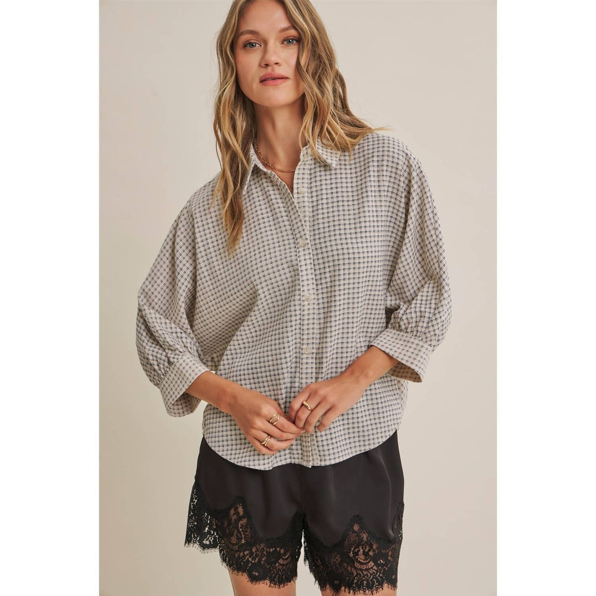 Plaid Dolman Button-Down Shirt