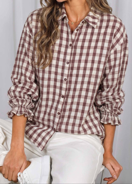 Ruffle Cuffs Accent Plaid Shirt