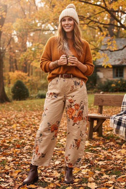 Flower Print Tan Corduroy Pant