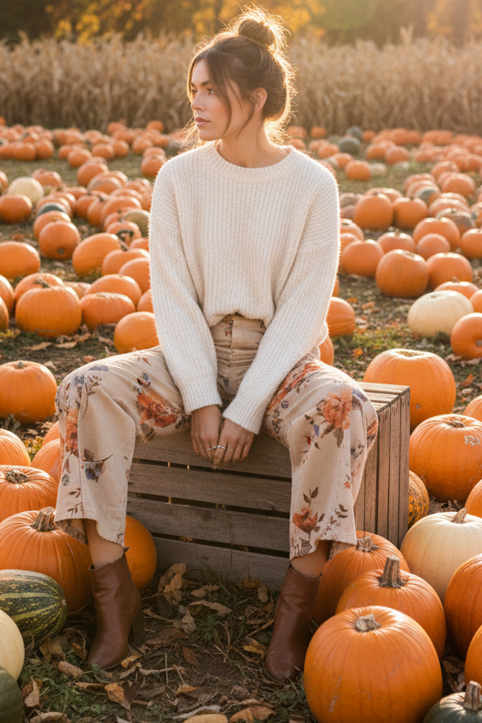 Flower Print Tan Corduroy Pant