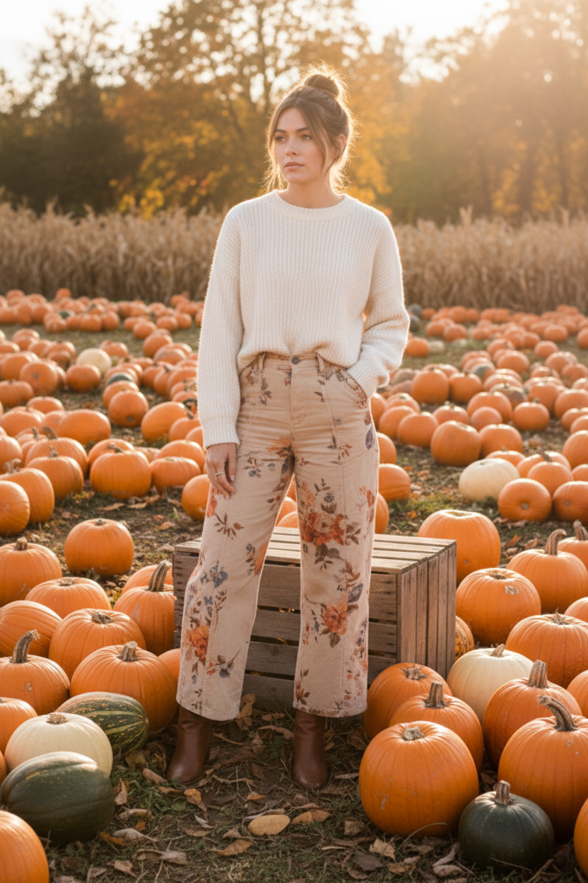 Flower Print Tan Corduroy Pant