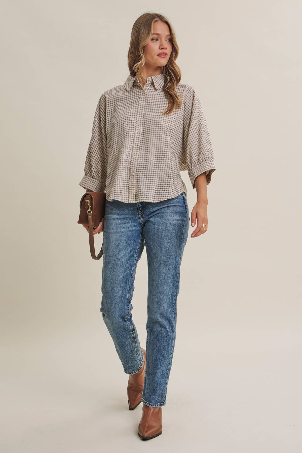 Plaid Dolman Button-Down Shirt