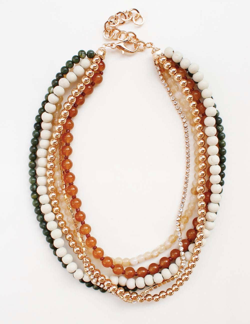 Multi Layered Natural/Green Wood and Gold Beaded Necklace