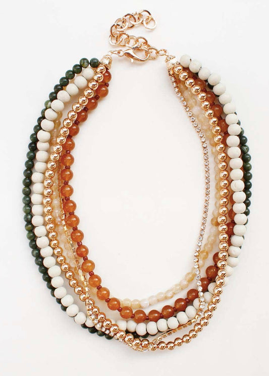 Multi Layered Natural/Green Wood and Gold Beaded Necklace