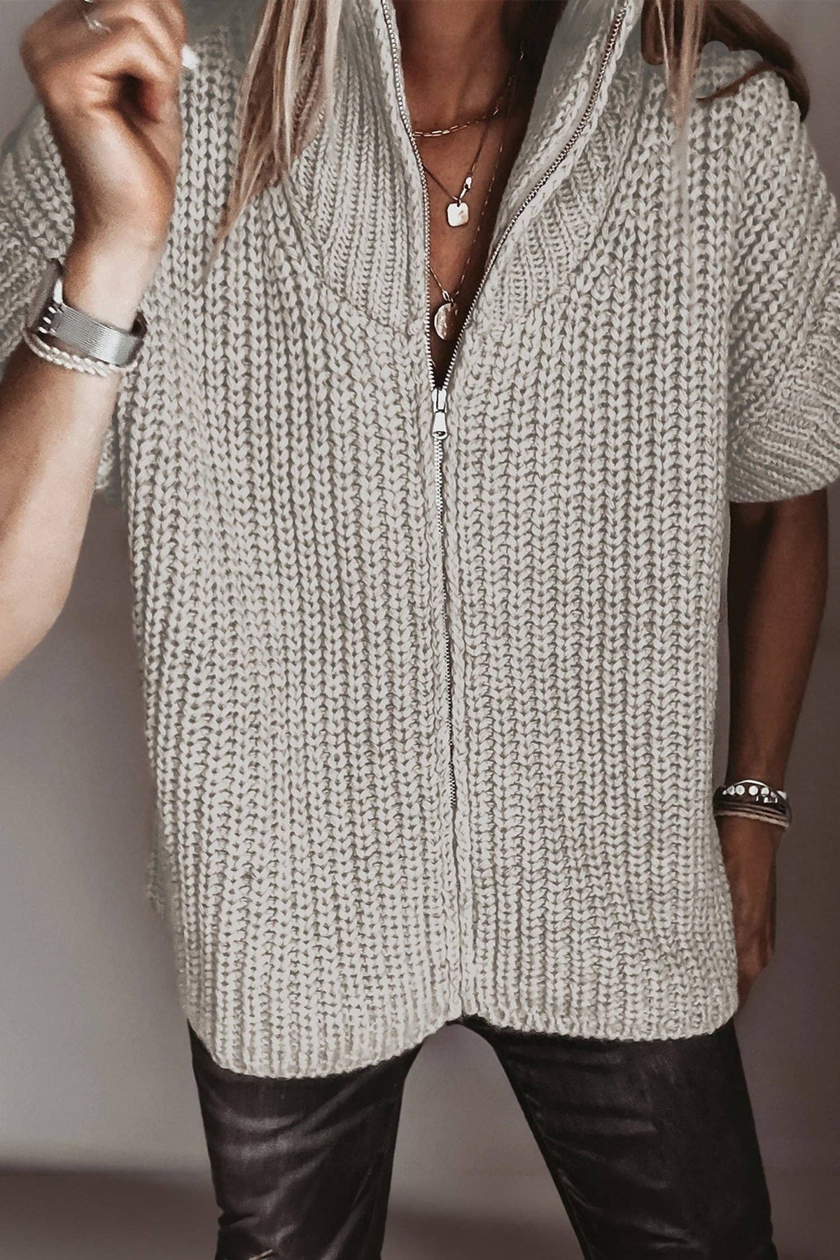 Light Grey Zipper Knit High Neck Sweater
