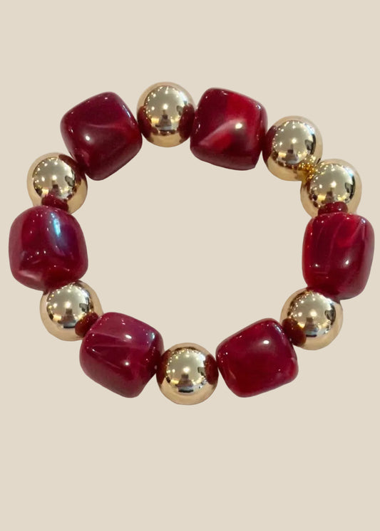 Water Resistant Gold and Maroon Stretch Bracelet