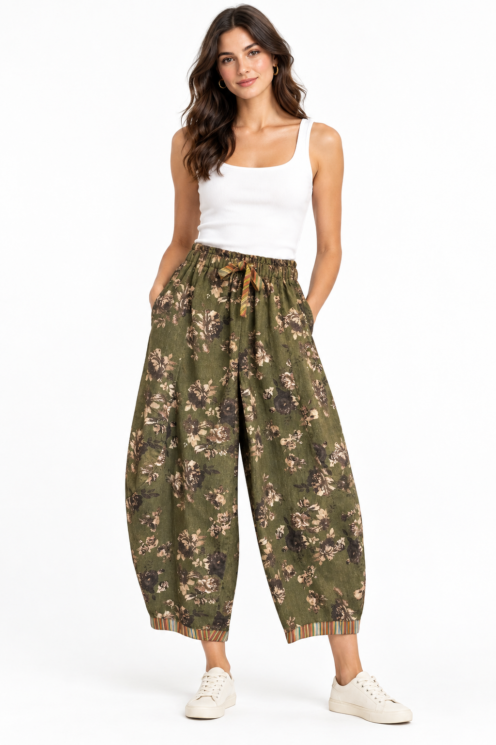 Flower Printed Olive Pant w/Detail Hem