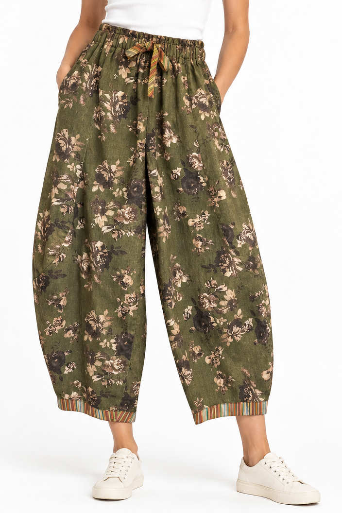 Flower Printed Olive Pant w/Detail Hem