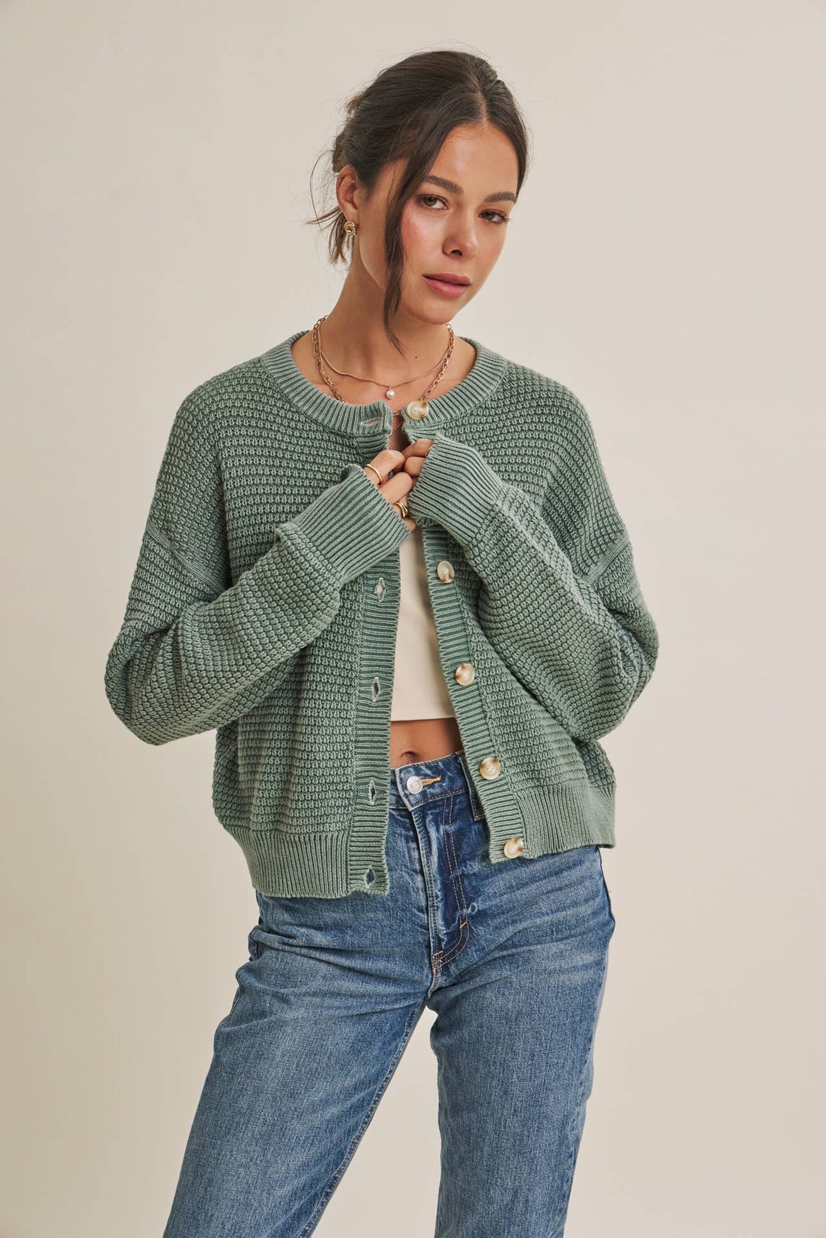 Dusty Green Waffle Knit Cardigan