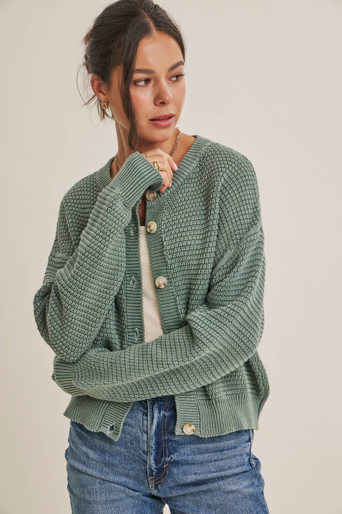 Dusty Green Waffle Knit Cardigan