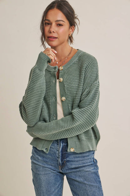 Dusty Green Waffle Knit Cardigan