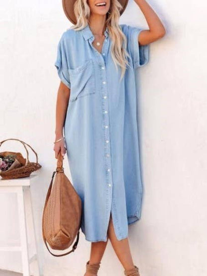 Denim Short-Sleeved Slit Shirt Dress