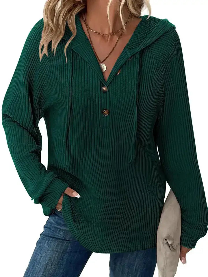 Green Ribbed Button Front Knit Hoodie
