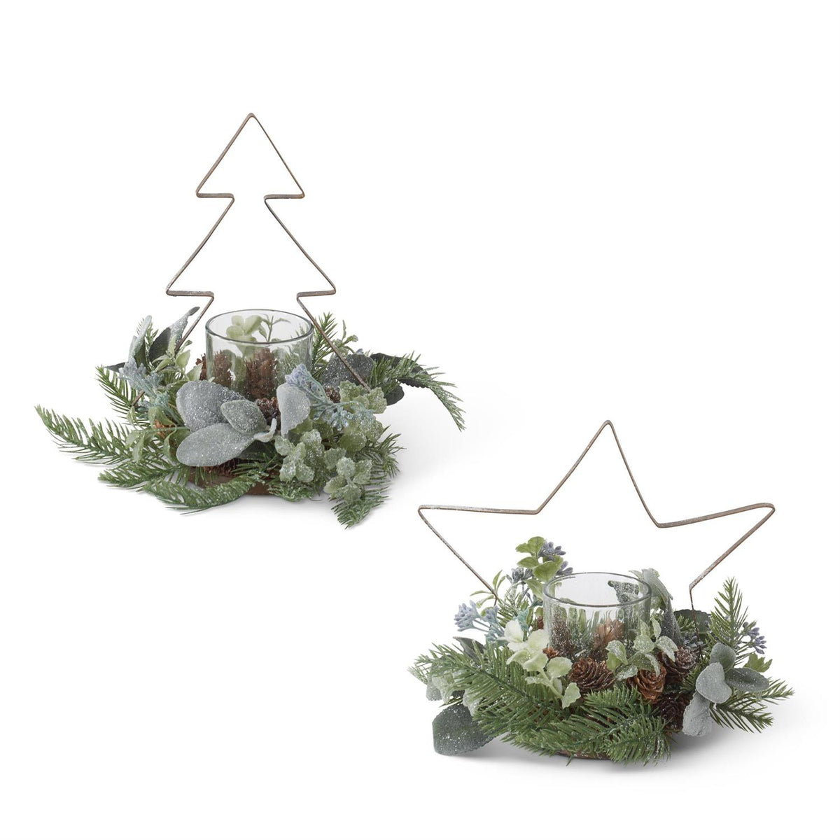 Glittered Pine & Metal Candleholder