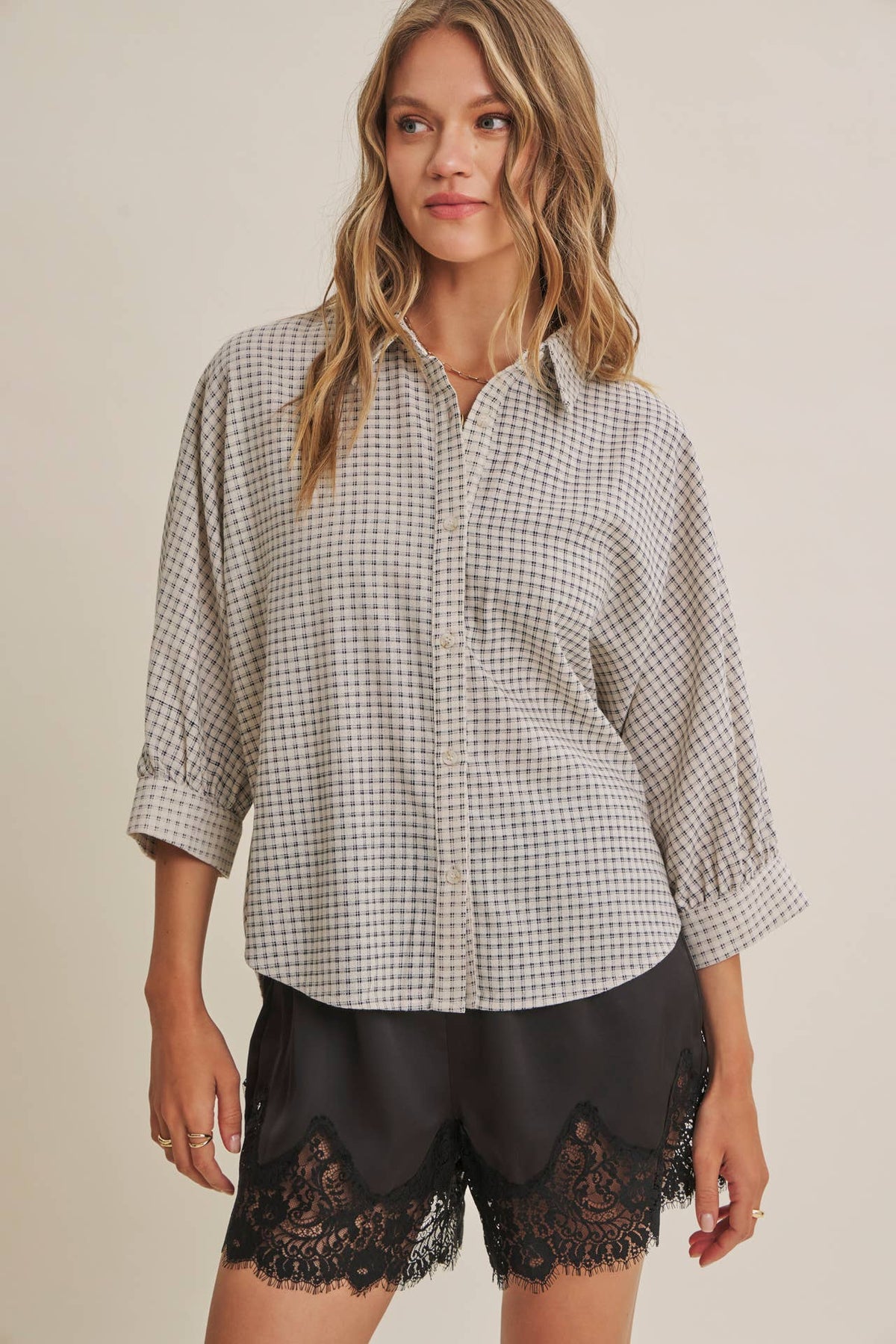 Plaid Dolman Button-Down Shirt