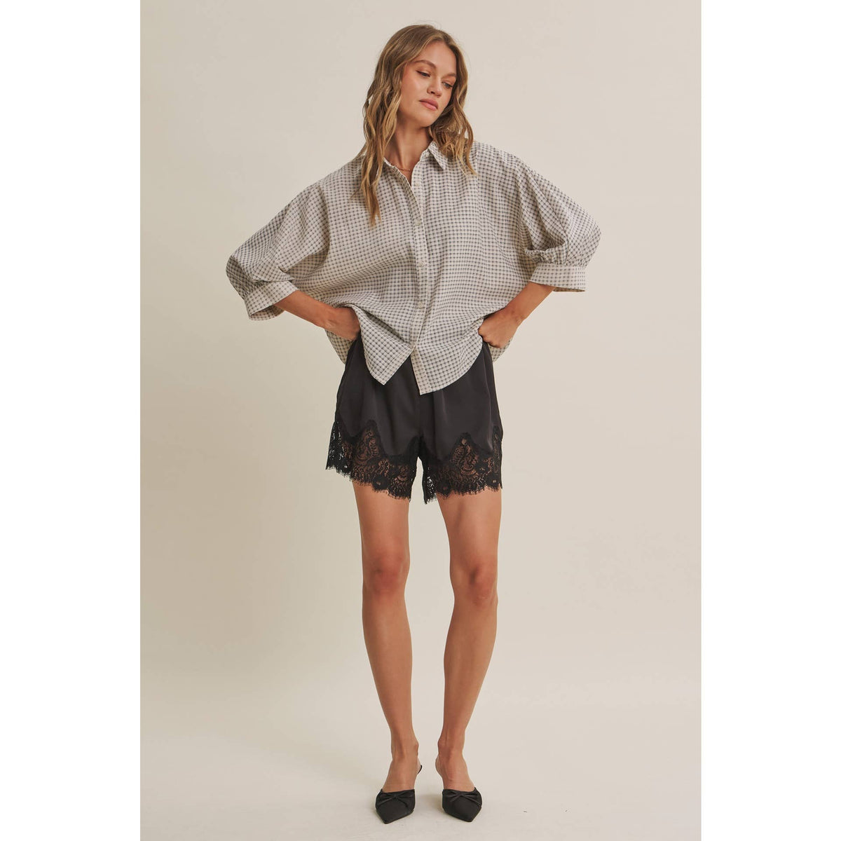 Plaid Dolman Button-Down Shirt
