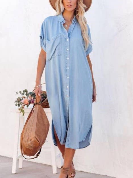 Denim Short-Sleeved Slit Shirt Dress