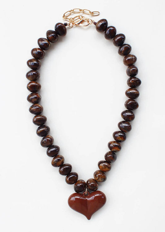 Brown Chunky Beaded with Brown Heart Charm Necklace