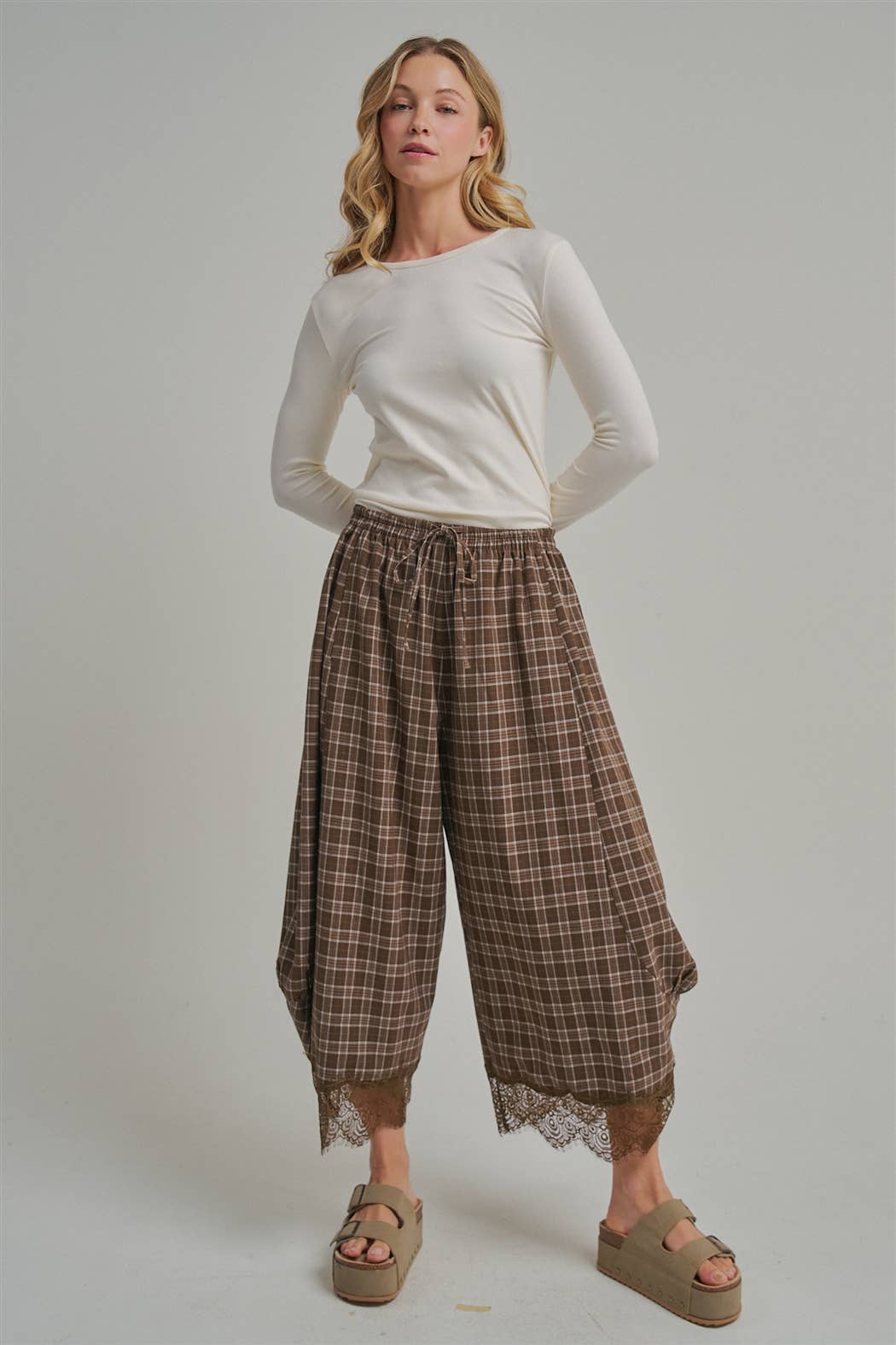 Brown Plaid Balloon Pants