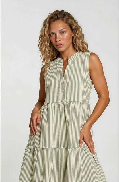 Sage & White Stripe Sleeveless Dress