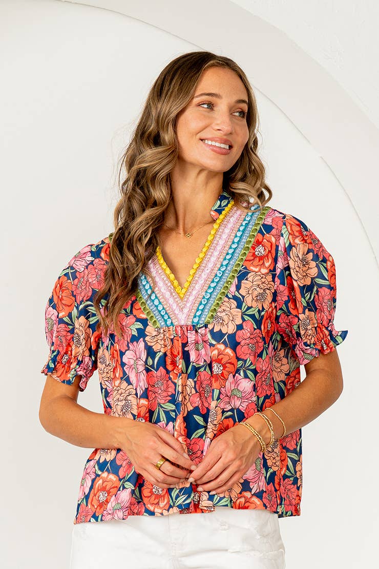 Floral Embroidered V-Neck