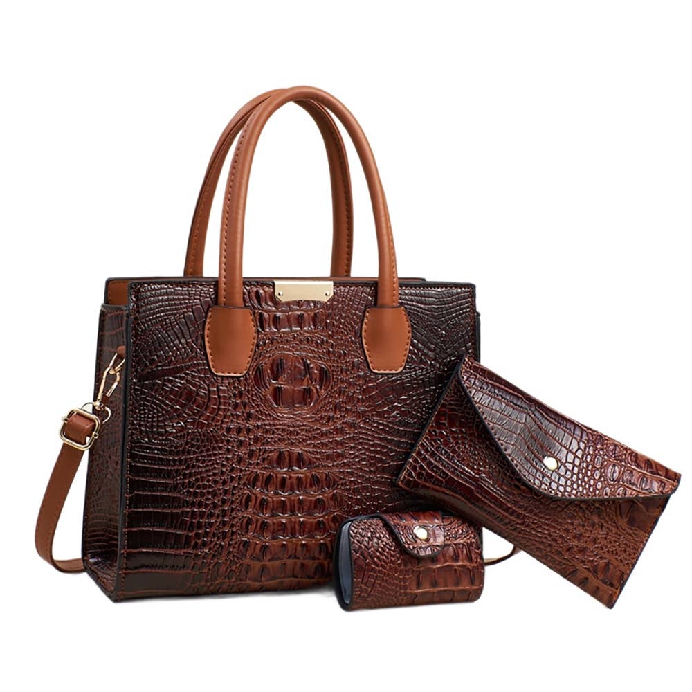 Croc Embossed Satchel Three Piece Set