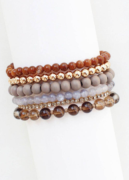 Set of 5 Brown and Grey Beaded Stretch Bracelets
