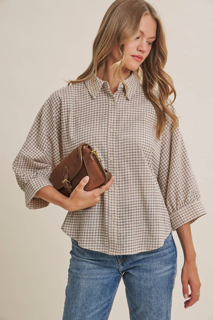 Plaid Dolman Button-Down Shirt
