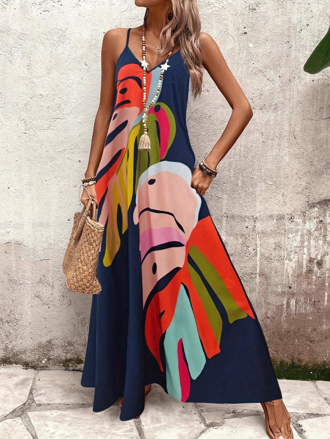 Beach Abstract Leaf Print Strappy Maxi Dress